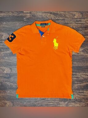 Polo Ralph Lauren Shirt Men’s M Orange Custom Slim Fit Big Pony #3 Rugby